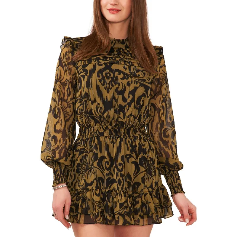 1.State Womens Printed Smocked Mini Dress Trendy Cut-Out Mini Dress