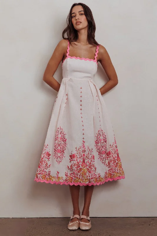 Asami Floral Print Ric Rac Trim Midi Dress Blush Comfortable Deep V Midi Dress