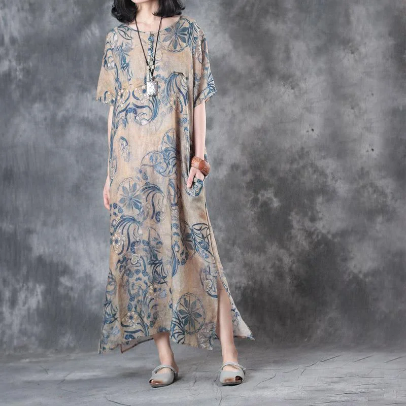 Baggy Summer Blue Prints Linen Dresses Oversize Vintage Sundress Short Sleeve Maxi Dress Comfortable Maxi Dress with Slits Baggy Summer Blue Prints Linen Dresses Oversize Vintage Sundress Short Sleeve Maxi Dress Comfortable Maxi Dress with Slits