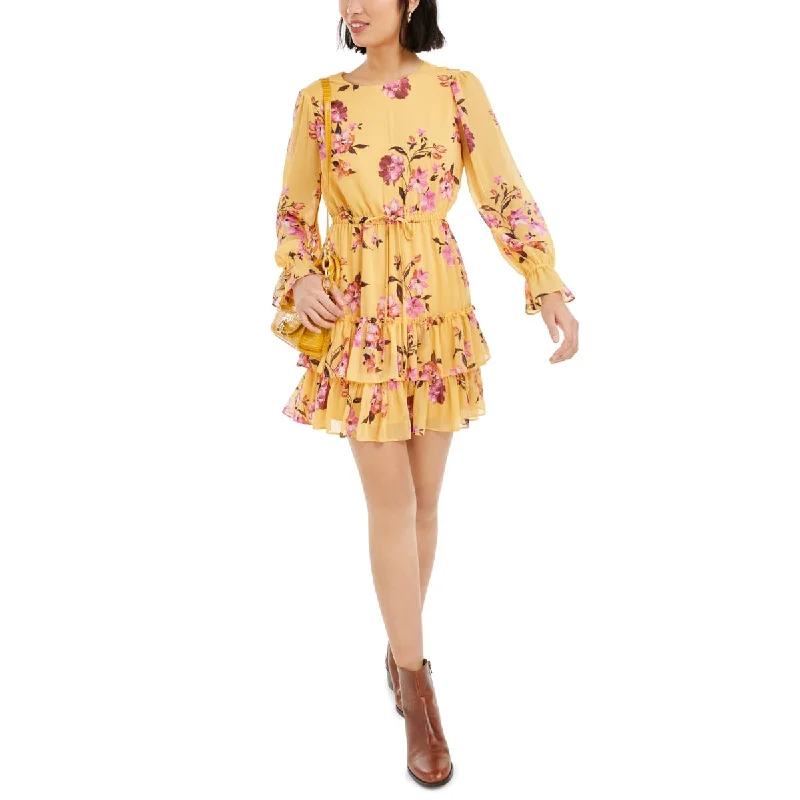 Bar III Womens Floral Ruffled Mini Dress Trendy Button-Detail Mini Dress