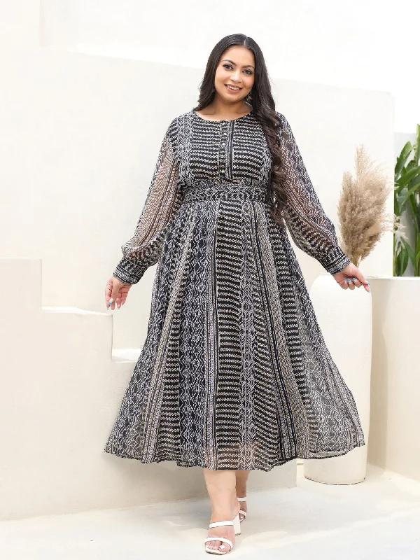 Juniper Black Abstract Printed Chiffon Flared Maxi Dress. Cozy Ruffle Sleeve Maxi Dress Juniper Black Abstract Printed Chiffon Flared Maxi Dress. Cozy Ruffle Sleeve Maxi Dress