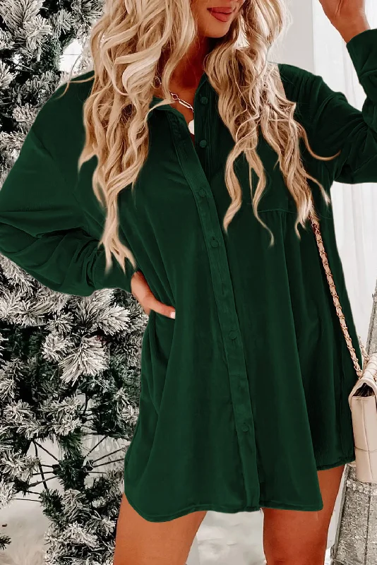 Blackish Green Velvet Button Front Shirt Long Sleeve Casual Mini Dress Classic Casual Mini Dress Blackish Green Velvet Button Front Shirt Long Sleeve Casual Mini Dress Classic Casual Mini Dress