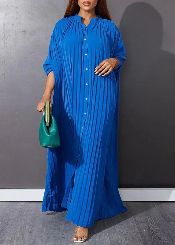 Blue O-Neck Button Vacation Maxi Dresses Long Sleeve VB1037 Elegant Pleated Maxi Dress Blue O-Neck Button Vacation Maxi Dresses Long Sleeve VB1037 Elegant Pleated Maxi Dress