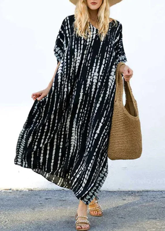 Boho Black O-Neck Striped Side Open Maxi Dresses Short Sleeve VB1035 Comfortable Flowy Maxi Dress Boho Black O-Neck Striped Side Open Maxi Dresses Short Sleeve VB1035 Comfortable Flowy Maxi Dress