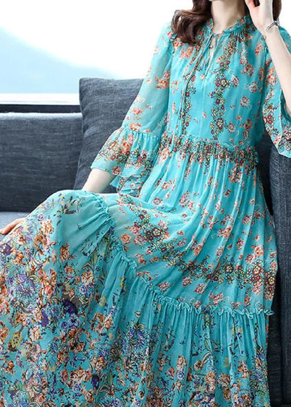 Boho Blue Ruffled Patchwork Print Silk Maxi Dress Flare Sleeve Chic Summer Floral Maxi Dress Boho Blue Ruffled Patchwork Print Silk Maxi Dress Flare Sleeve Chic Summer Floral Maxi Dress