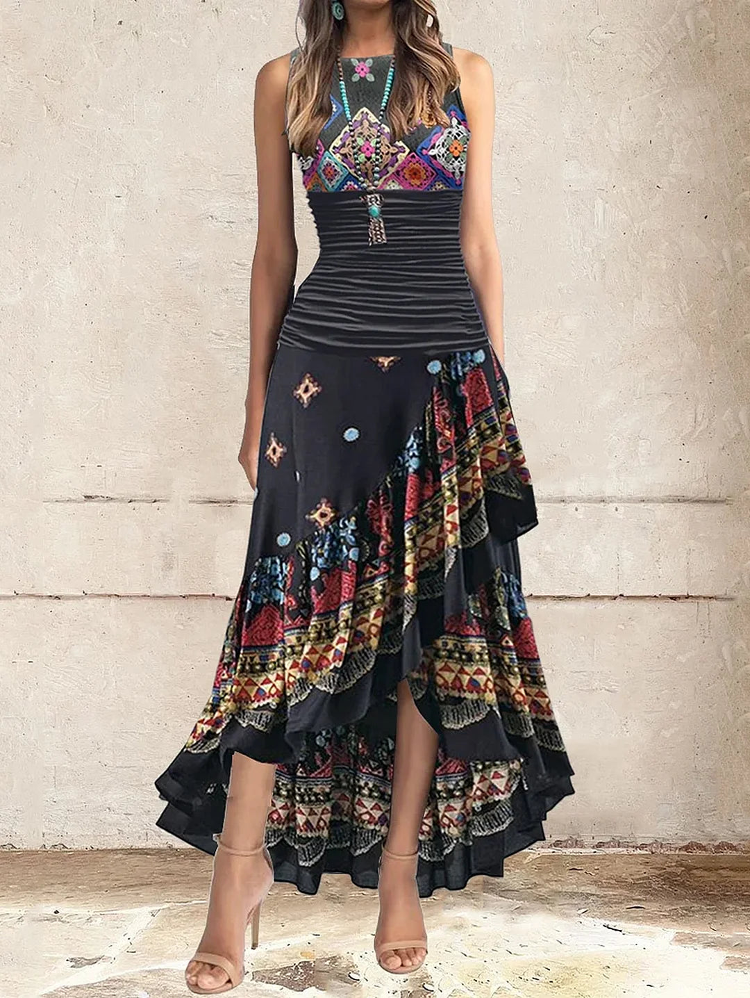 Boho Pattern Irregular Ruffle Hem Maxi Dress Sleeveless Comfortable Ruffle Maxi Dress Boho Pattern Irregular Ruffle Hem Maxi Dress Sleeveless Comfortable Ruffle Maxi Dress