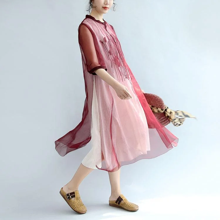 Burgundy Stylish Embroidery Silk Cotton Dresses Loose Casual Sundress Short Sleeve Maxi Dress Side Open Casual Maxi Dress with Pockets Burgundy Stylish Embroidery Silk Cotton Dresses Loose Casual Sundress Short Sleeve Maxi Dress Side Open Casual Maxi Dress with Pockets