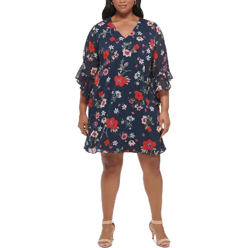 Calvin Klein Womens Plus Floral Bell Sleeve Mini Dress Elegant Vintage Mini Dress