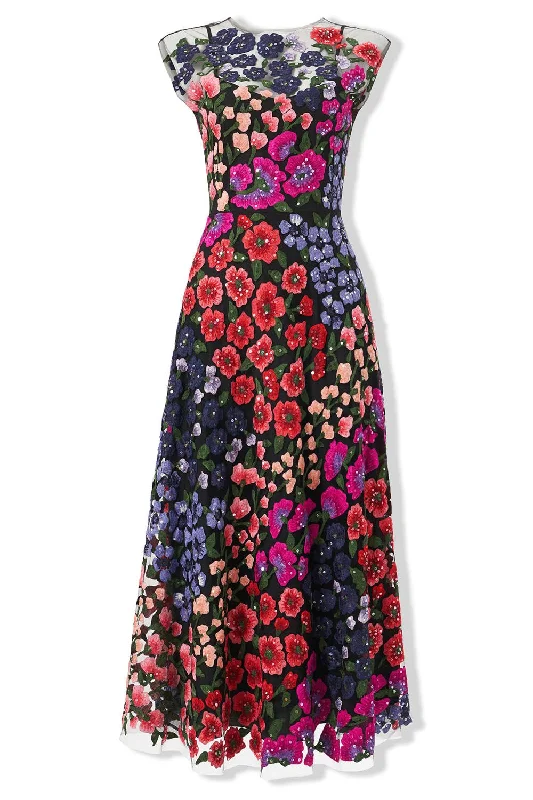 Embroidered Floral Crewneck Midi Dress Fashionable Floral Embroidery Midi Dress