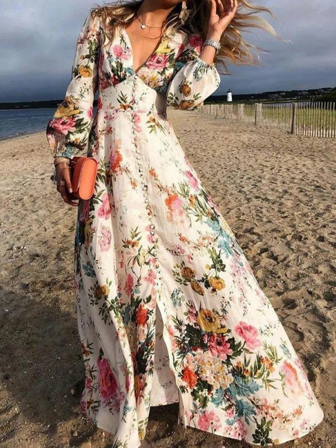 Casual V Neck Floral Button Maxi Dress Lantern Sleeve Stylish Pleated A-Line Maxi Dress Casual V Neck Floral Button Maxi Dress Lantern Sleeve Stylish Pleated A-Line Maxi Dress