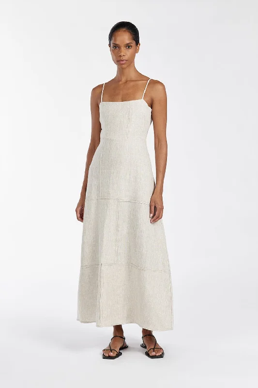 CATIE NATURAL PATCHWORK MIDI DRESS Trendy Smocked Detail Midi Dress