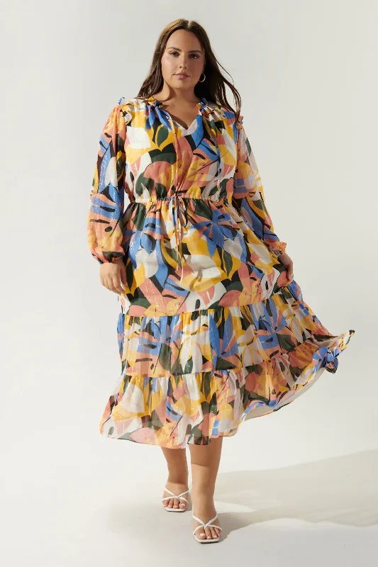 Congo Tropics Tiered Midi Dress Curve Trendy Off-Shoulder Button Midi Dress