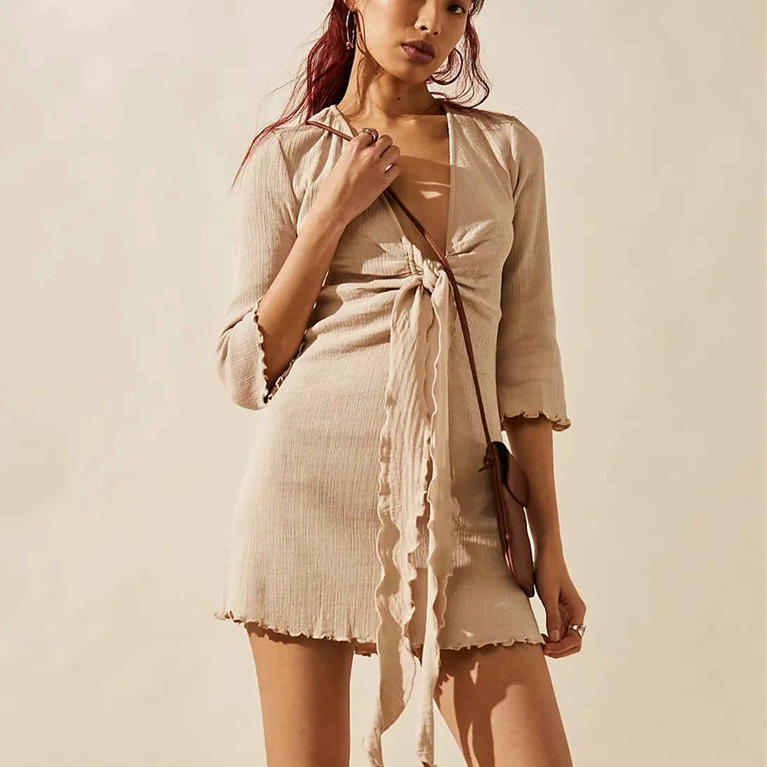 Women's Summer Bodycon Deep V Neck Solid Color Tie Up Mini Dress Fashionable Lace-Trim Mini Dress Women's Summer Bodycon Deep V Neck Solid Color Tie Up Mini Dress Fashionable Lace-Trim Mini Dress
