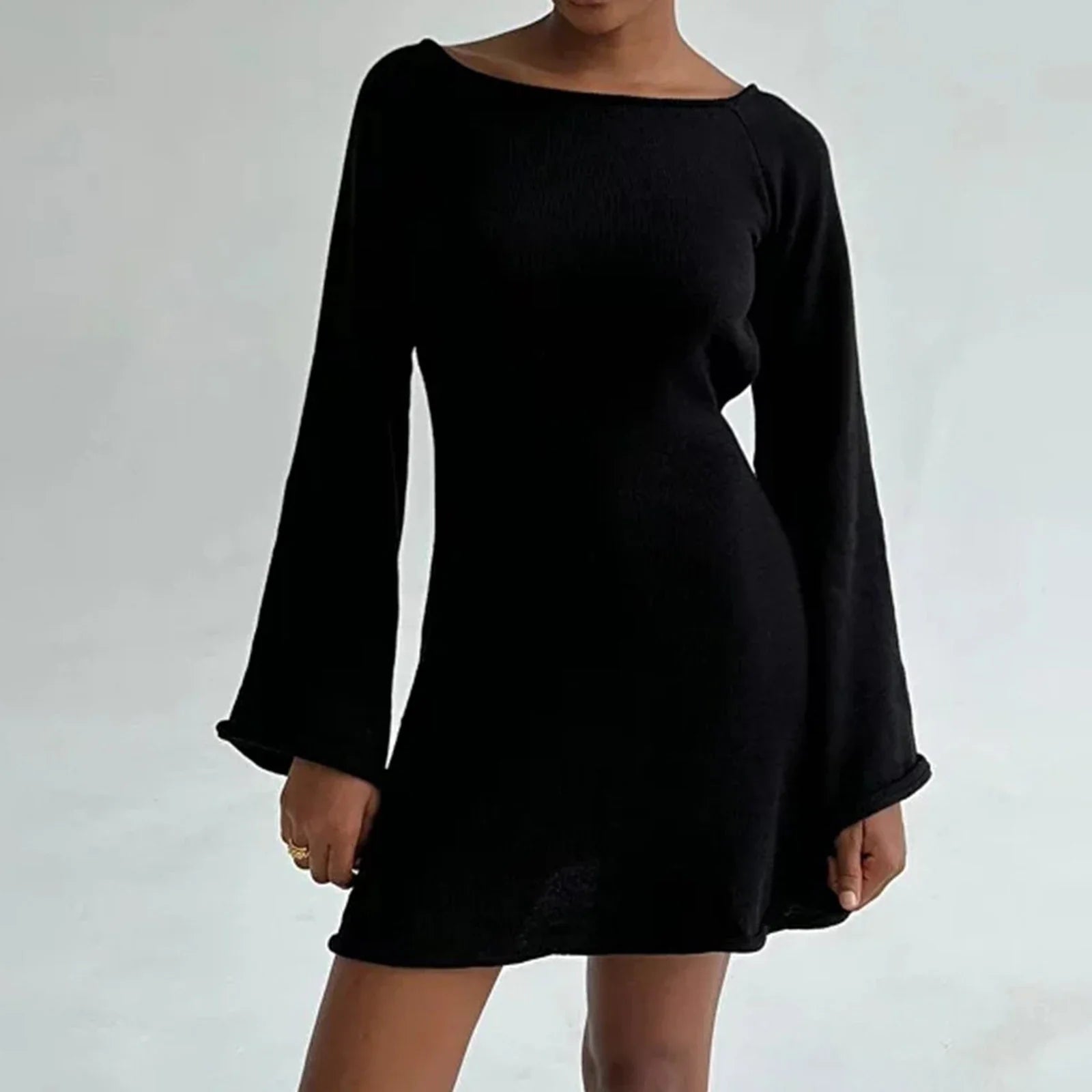Women Knitted Casual Solid Color Backless Long Sleeve Party Streetwear Mini Dress Fashionable Off-Shoulder Mini Dress Women Knitted Casual Solid Color Backless Long Sleeve Party Streetwear Mini Dress Fashionable Off-Shoulder Mini Dress
