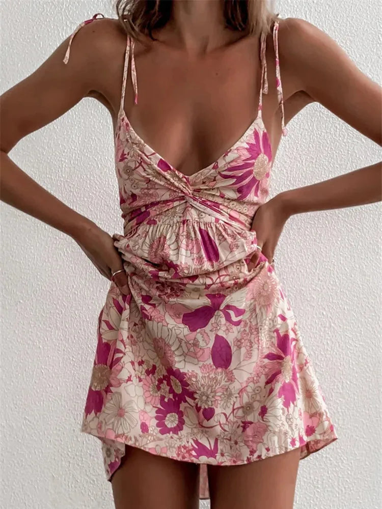Floral Boho Pink Flower Print Bohemian Beach Style Ruffled Backless Mini Dress Elegant Mini Dress with Pleats Floral Boho Pink Flower Print Bohemian Beach Style Ruffled Backless Mini Dress Elegant Mini Dress with Pleats