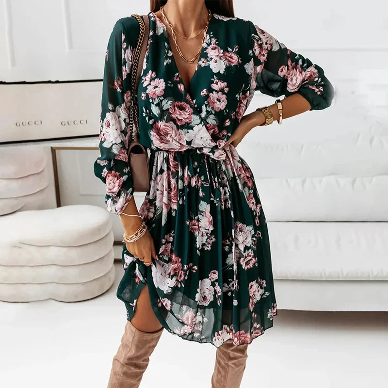 Chiffon Sleeve Floral Print 2024 Autumn Casual Deep V Neck Pleated Office Mini Dress Stylish Ribbed Mini Dress Chiffon Sleeve Floral Print 2024 Autumn Casual Deep V Neck Pleated Office Mini Dress Stylish Ribbed Mini Dress