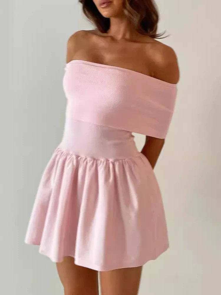 Off Shoulder Knit Summer Strapless Pink Draped Wedding Party Mini Dress Fashionable Summer Mini Dress Off Shoulder Knit Summer Strapless Pink Draped Wedding Party Mini Dress Fashionable Summer Mini Dress
