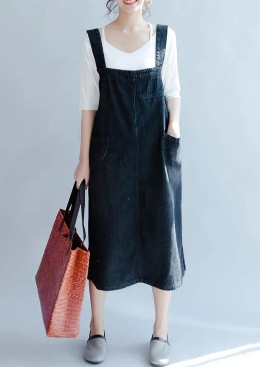 Denim Black Long Cotton Dresses Casual Big Pockets Maxi Dress Sleeveless Fashionable Maxi Dress with Fringe Denim Black Long Cotton Dresses Casual Big Pockets Maxi Dress Sleeveless Fashionable Maxi Dress with Fringe