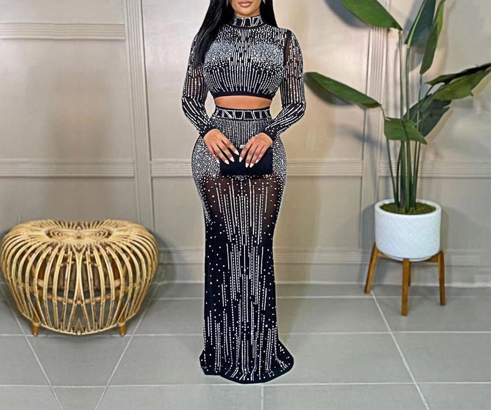 Elegant Lady Sexy Mesh Sequined Long Sleeve Crop Top Rhinestone Maxi Dress 2 Piece Set Trendy V-Neck Maxi Dress Elegant Lady Sexy Mesh Sequined Long Sleeve Crop Top Rhinestone Maxi Dress 2 Piece Set Trendy V-Neck Maxi Dress