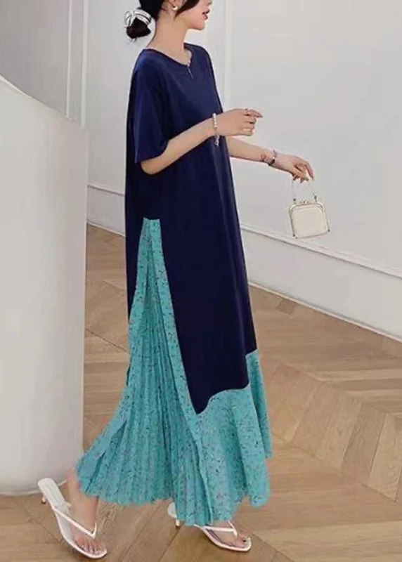 Fashion Navy Print Patchwork Fake Two Pieces Maxi Dresses Short Sleeve TT1041 Comfortable Ruffle Hem Maxi Dress Fashion Navy Print Patchwork Fake Two Pieces Maxi Dresses Short Sleeve TT1041 Comfortable Ruffle Hem Maxi Dress