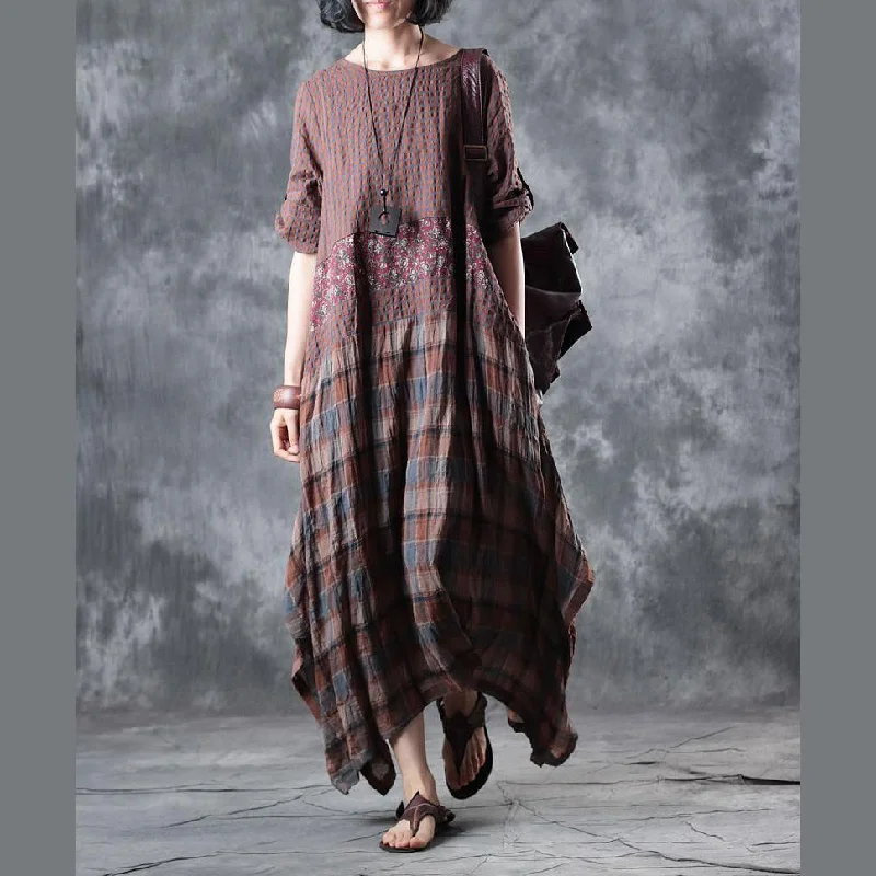 Fine chocolate linen maxi dress plaid grid patchwork linen gown 2022 half sleeve pockets caftans Fashionable High-Low Maxi Dress Fine chocolate linen maxi dress plaid grid patchwork linen gown 2022 half sleeve pockets caftans Fashionable High-Low Maxi Dress
