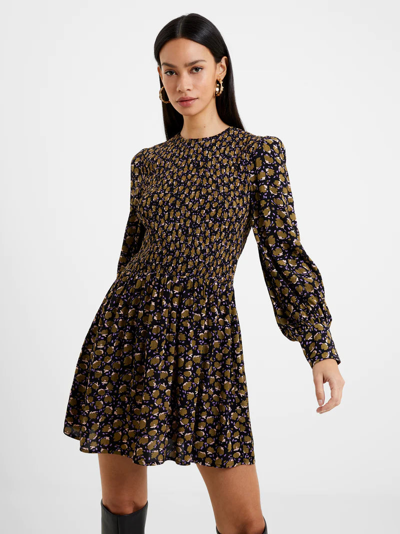 FRENCH CONNECTION - Ingrid Eco Colette Crepe Smocked Mini Dress Comfortable Fit-and-Flare Mini Dress