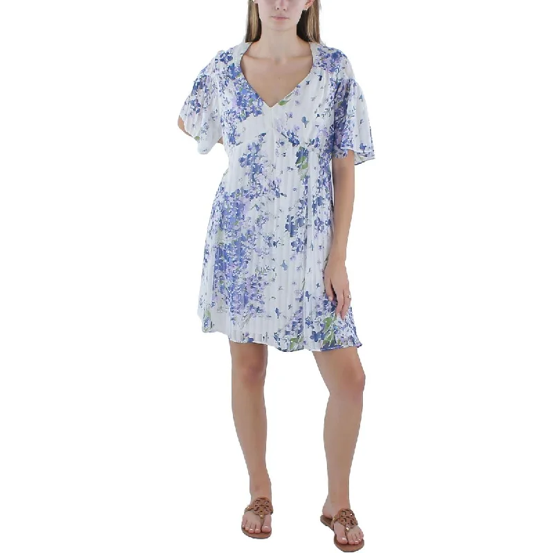 Gabby Skye Womens Floral Print Chiffon Mini Dress Cozy T-Shirt Mini Dress