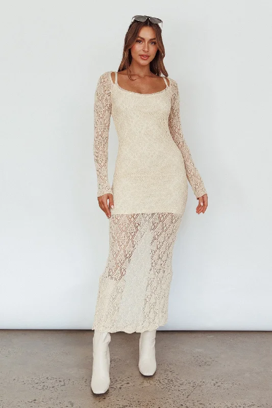 Happy Place Long Sleeve Crochet Midi Dress Beige Comfortable Button Front Midi Dress