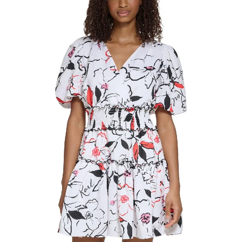 Karl Lagerfeld Paris Womens Floral Print Linen Mini Dress Elegant Off-Shoulder Dress Mini