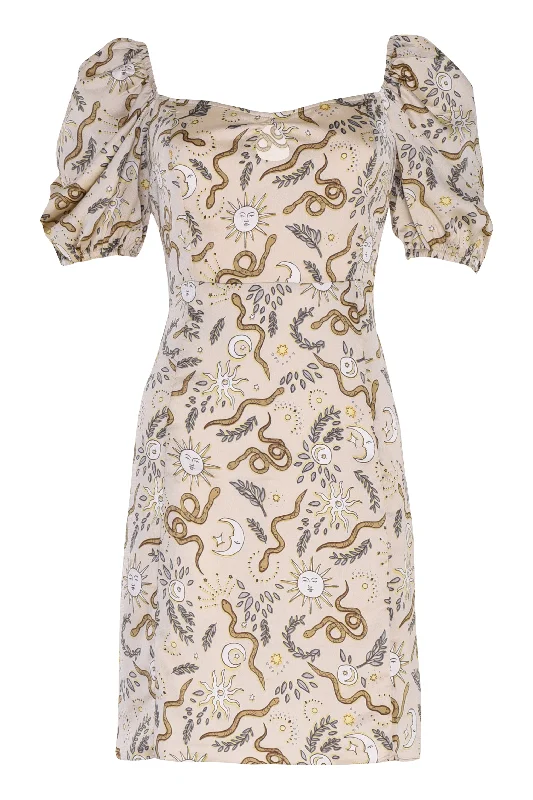 Glamorous Stone Sun Moon Pattern Square Neck Mini Dress Cozy Satin Mini Dress