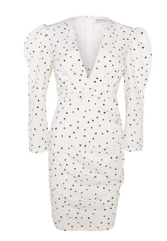 Glamorous White Heart Print V Neck Mini Dress with Puff Sleeves and Ruched Seams Trendy Off-Shoulder Dress Mini Glamorous White Heart Print V Neck Mini Dress with Puff Sleeves and Ruched Seams Trendy Off-Shoulder Dress Mini