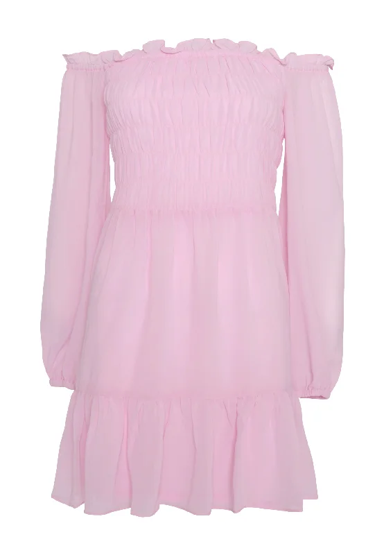 Glamorous Light Pink Long Sleeve Bardot Mini dress with Smocked Bodice and Tiered Skirt Classic Casual Mini Dress Glamorous Light Pink Long Sleeve Bardot Mini dress with Smocked Bodice and Tiered Skirt Classic Casual Mini Dress