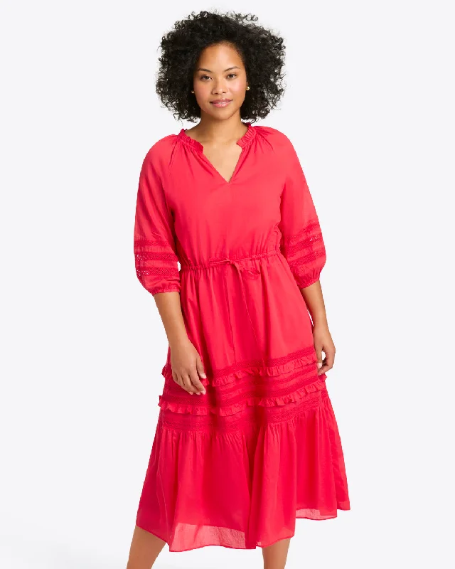 Martina Midi Dress in Embroidered Stripe Elegant Faux Wrap Midi Dress