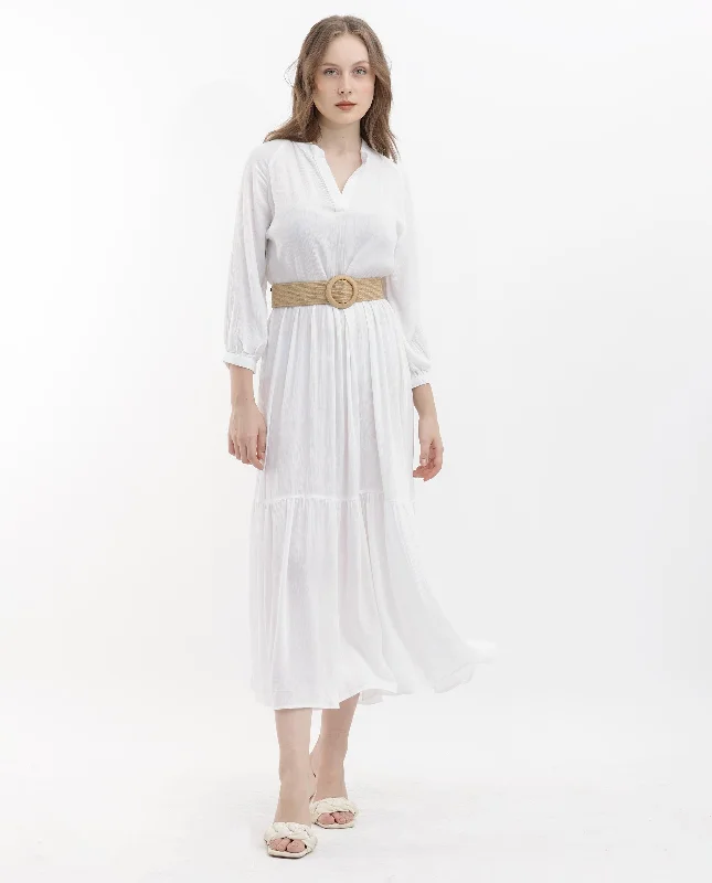 Rareism Women Miltry Light White Viscose Fabric Full Sleeves Mandarin Collar Raglan Sleeve Fit And Flare Plain Maxi Dress Comfortable Ruffle Maxi Dress Rareism Women Miltry Light White Viscose Fabric Full Sleeves Mandarin Collar Raglan Sleeve Fit And Flare Plain Maxi Dress Comfortable Ruffle Maxi Dress