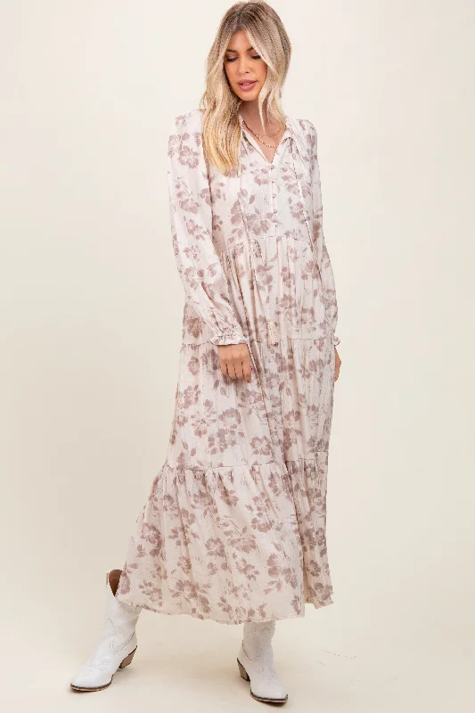 Mocha Floral Button Front Tiered Long Sleeve Maxi Dress Elegant Maxi Dress with Lace Mocha Floral Button Front Tiered Long Sleeve Maxi Dress Elegant Maxi Dress with Lace