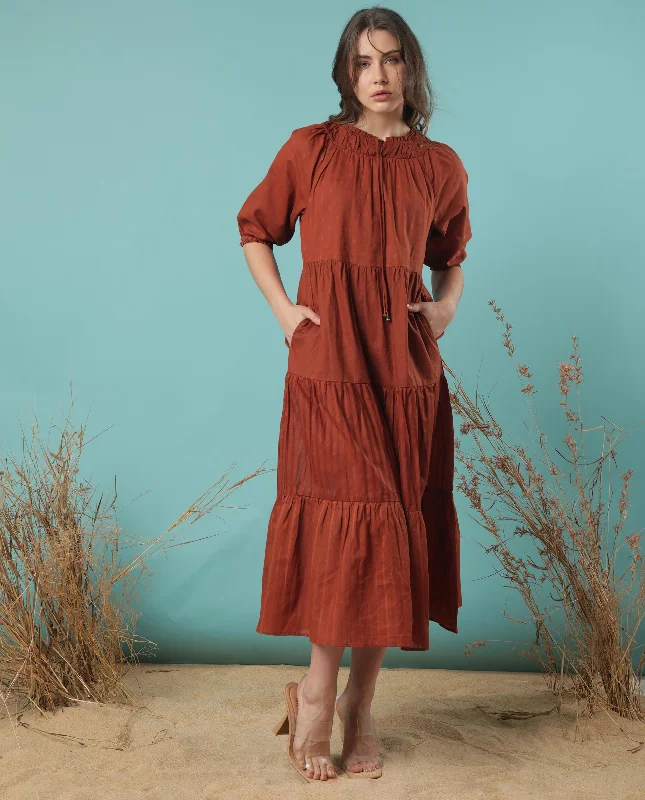Rareism Women Myle Brown Gathered Neck With Front Tie Up Puff Sleeves And Pockets Tiered Maxi Dress Trendy Floral Print Maxi Dress Rareism Women Myle Brown Gathered Neck With Front Tie Up Puff Sleeves And Pockets Tiered Maxi Dress Trendy Floral Print Maxi Dress