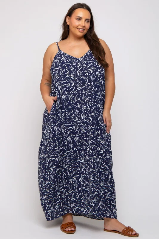 Navy Leaf Print Double V-Neck Plus Maxi Dress Comfortable Plunging Neckline Maxi Dress Navy Leaf Print Double V-Neck Plus Maxi Dress Comfortable Plunging Neckline Maxi Dress