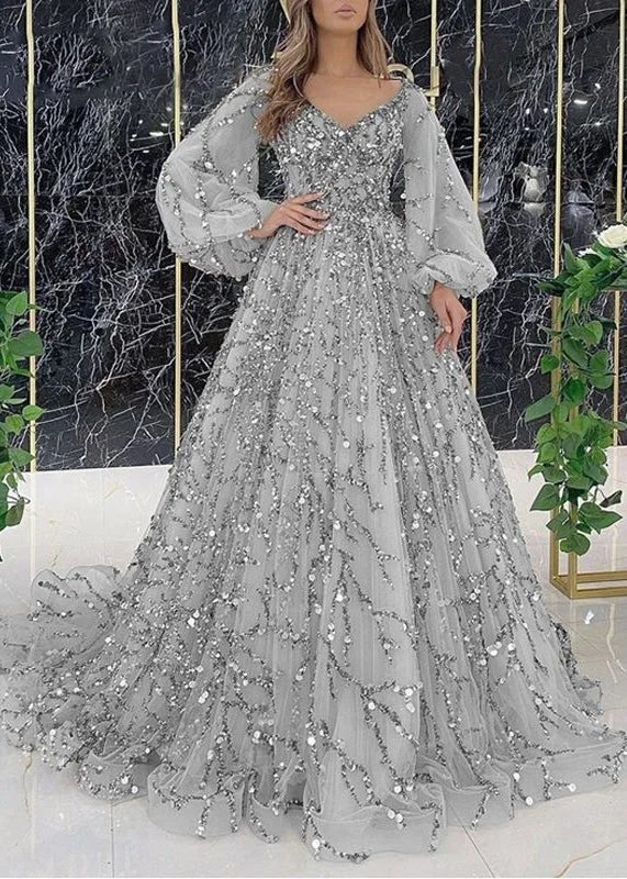 New Grey V Neck Nail Bead Tulle Maxi Dresses Spring WW1052 Comfortable Flowy Maxi Dress New Grey V Neck Nail Bead Tulle Maxi Dresses Spring WW1052 Comfortable Flowy Maxi Dress