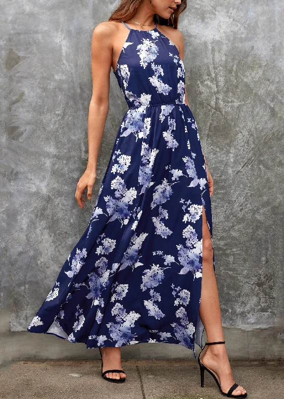 New Navy Side Open Print Cotton Maxi Dresses Summer WW1050 Stylish Off-Shoulder Maxi Dress New Navy Side Open Print Cotton Maxi Dresses Summer WW1050 Stylish Off-Shoulder Maxi Dress