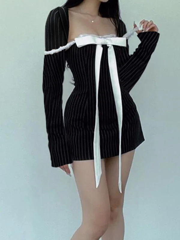 New style French square neck bow tie temperament striped long-sleeved Sexy Mini dress Fashionable Lace Mini Dress New style French square neck bow tie temperament striped long-sleeved Sexy Mini dress Fashionable Lace Mini Dress