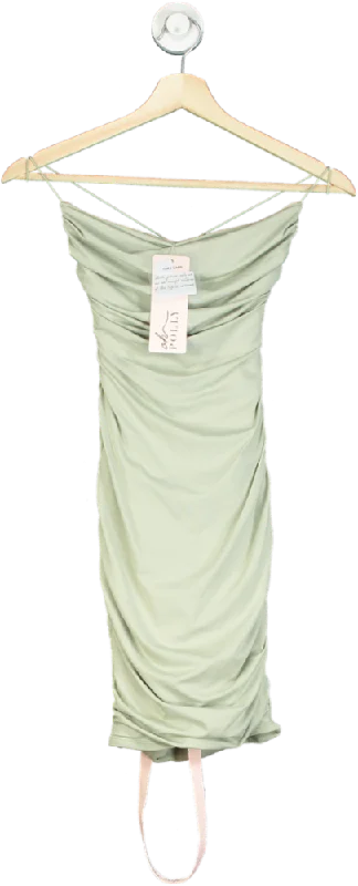 Oh Polly Sage Green Ruched Bodycon Mini Dress UK 8 Fashionable Pleated Mini Dress