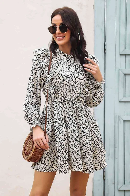 Printed Ruffle Trim Smocked Casual Long Sleeve Mini Dress Fashionable Off-Shoulder Mini Dress Printed Ruffle Trim Smocked Casual Long Sleeve Mini Dress Fashionable Off-Shoulder Mini Dress