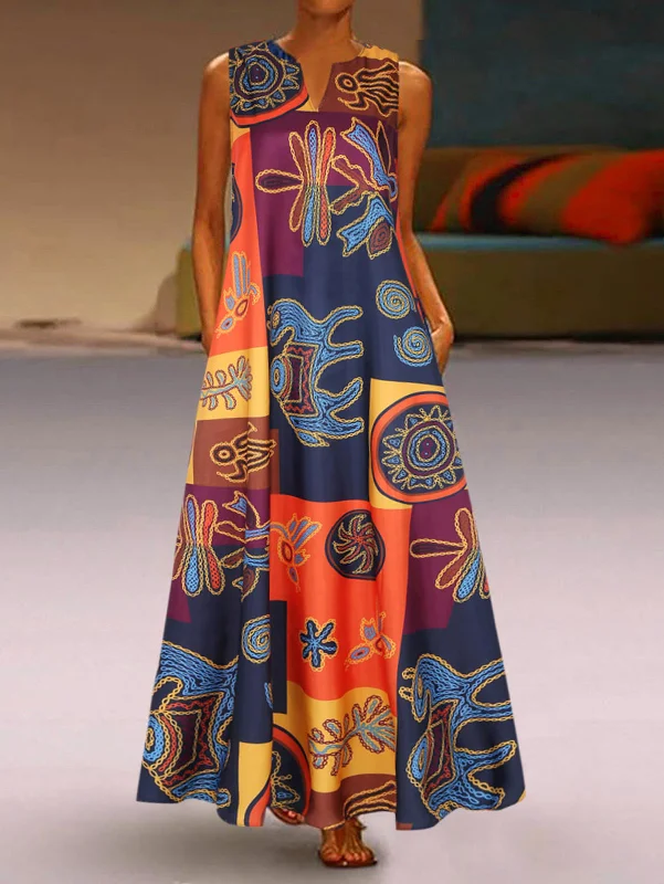 Retro Ethnic Color V Neck Block Maxi Dress Sleeveless Fashionable Asymmetrical Maxi Dress Retro Ethnic Color V Neck Block Maxi Dress Sleeveless Fashionable Asymmetrical Maxi Dress