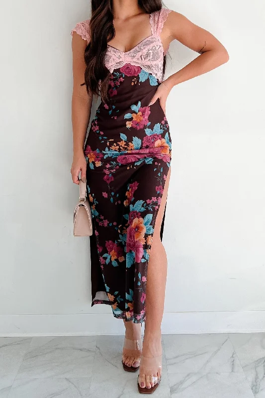 Saccharine Sweet Lace Detail Floral Mesh Maxi Dress (Mauve/Brown) Elegant Lace-Up Maxi Dress Saccharine Sweet Lace Detail Floral Mesh Maxi Dress (Mauve/Brown) Elegant Lace-Up Maxi Dress