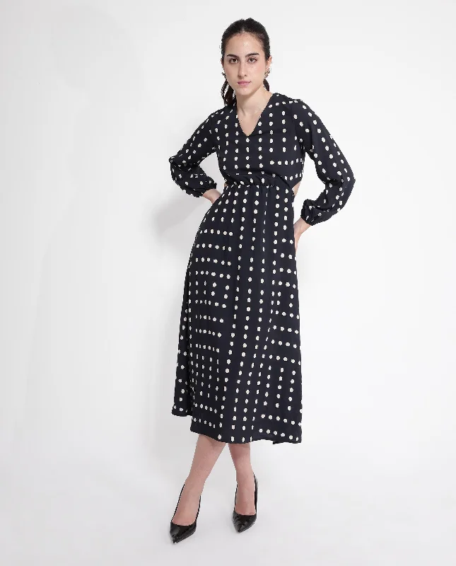 Rareism Women Sassari Black Bishop Sleeve V-Neck Tie Up A-Line Polka Print Maxi Dress Stylish Pleated A-Line Maxi Dress Rareism Women Sassari Black Bishop Sleeve V-Neck Tie Up A-Line Polka Print Maxi Dress Stylish Pleated A-Line Maxi Dress