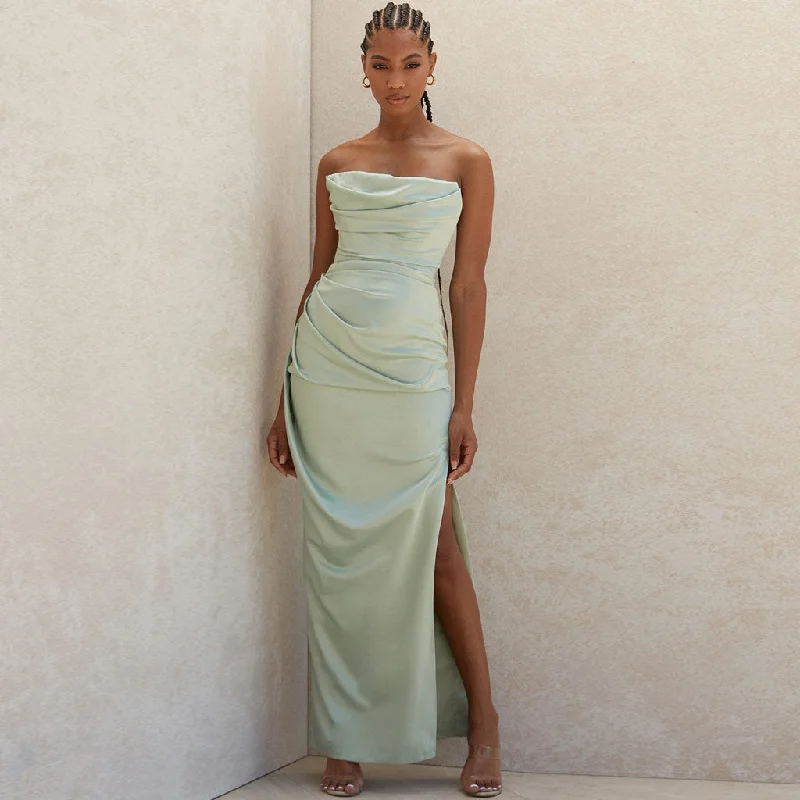 Silky Satin High Slit Ruched Strapless Party Maxi Dress - Sage Green Elegant Maxi Dress with Belt Silky Satin High Slit Ruched Strapless Party Maxi Dress - Sage Green Elegant Maxi Dress with Belt