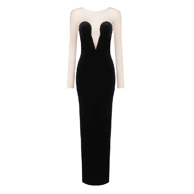 Sparkly Round Neck Crystal Sheer Mesh Long Sleeve Bodycon Velvet Maxi Dress Elegant Boho Maxi Dress Sparkly Round Neck Crystal Sheer Mesh Long Sleeve Bodycon Velvet Maxi Dress Elegant Boho Maxi Dress