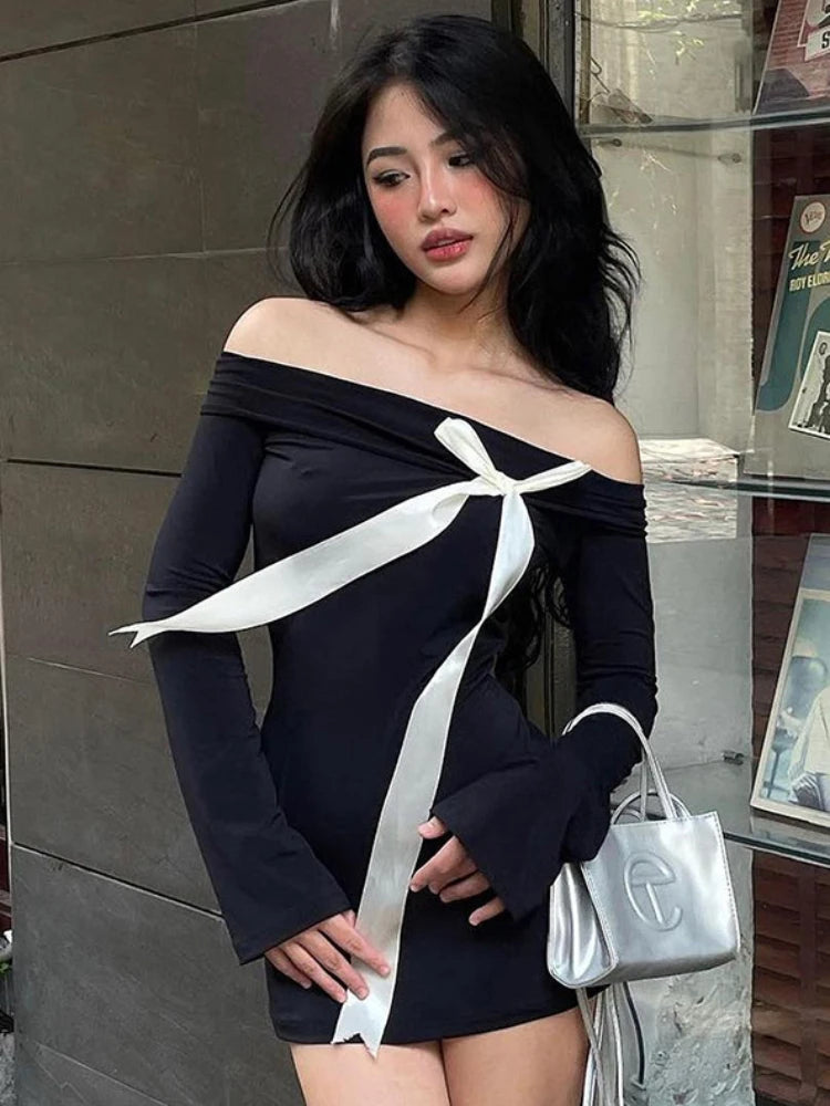 Splice Bow Bodycon Off The Shoulders High Waisted Mini Dress Cozy Knitted Mini Dress Splice Bow Bodycon Off The Shoulders High Waisted Mini Dress Cozy Knitted Mini Dress