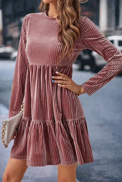 Velvet Ribbed Round Neck Ruffle Hem Casual Long Sleeve Mini Dress Stylish Ruffle Mini Dress Velvet Ribbed Round Neck Ruffle Hem Casual Long Sleeve Mini Dress Stylish Ruffle Mini Dress