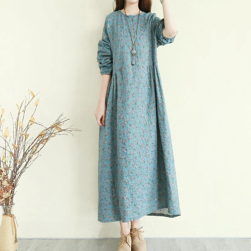 Women O Neck Button Down Cotton Dress Top Quality Sleeve Blue Floral Maxi Dresses Classic V-Neck Maxi Dress